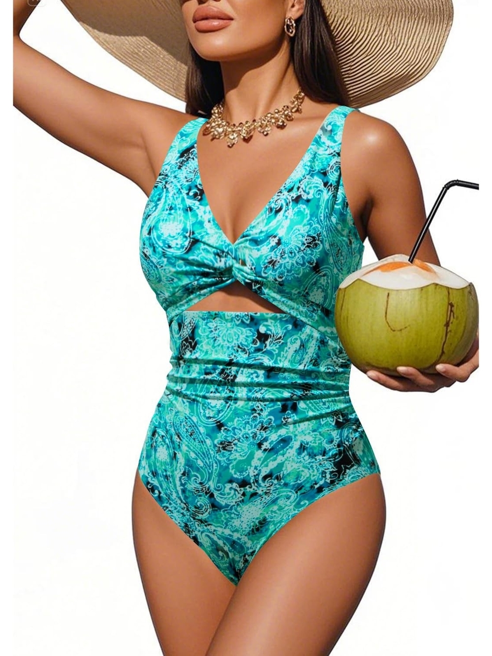 Turquoise Paisley Cutout One-Piece Swimsuit